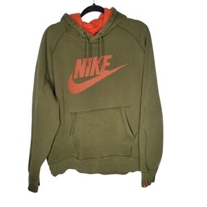 Nike Mens Spell Out Swoosh Pullover Hoodie in Green Orange Size XXL